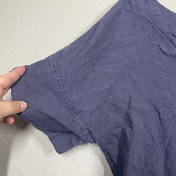 Len. Ok Size Medium Linen Mini Shift Dress Steel Blue V Neck Belted Short Sleeve - Picture 4 of 7
